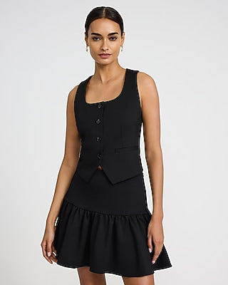 Express Women's Signature Ponte High Waisted Drop Waist Ruffle Mini Skirt in Pitch Black