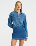 Express Women's Editor Super High Waisted Medium Wash Denim Mini Skort in Blue 0