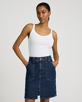 Express Women's High Waisted Patch Pocket Mini Denim Skirt in Dark Wash