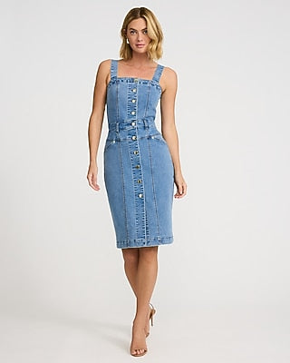 Express Women's Stretch Denim Square Neck Sleeveless Button Front Dress in Blue Small