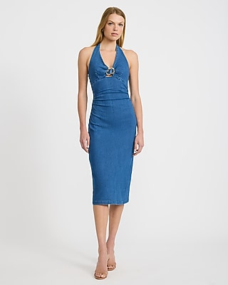 Express Women's Denim Halter V-Neck Gold Hardware Midi Dress in Blue Small
