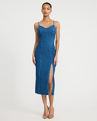 Express Women's Denim V-Neck Side Slit Midi Dress in Blue Small