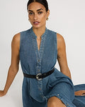 Express Women's Denim V-Neck Button Front Belted Midi Dress in Dark Denim