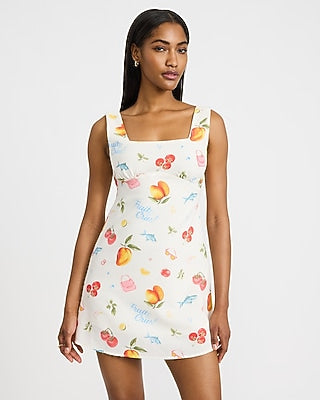 Express Women's Fruit Printed Square Neck Smocked Back Mini Dress in Red Print