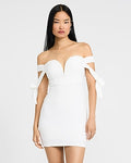 Express Women's Crepe Off The Shoulder Sweetheart Bow Strap Micro Mini Dress in Ivory