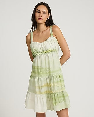 Express Women's Linen-Blend Printed Ruched Sleeveless Tiered Mini Dress in Green Print