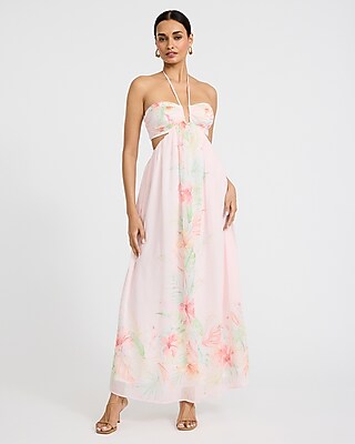 Express Women's Floral Tie Halter Neck Cutout Smocked Back Maxi Dress Small