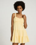 Express Women's Linen-Blend Ruched Sleeveless Tiered Mini Dress in Soft Yellow