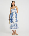 Express Women's Floral Square Neck Sleeveless Smocked Back Midi Dress in Navy Blue