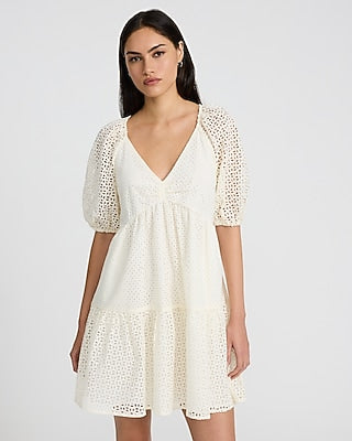 Express Women's Eyelet V-Neck Puff Sleeve Mini Fit And Flare Dress in Ivory