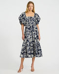 Express Women's Linen-Blend Embroidered Floral Puff Sleeve Tiered Midi Dress in Blue Small