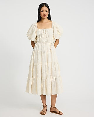 Express Women's Linen-Blend Embroidered Floral Puff Sleeve Tiered Midi Dress in Cream