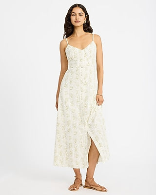 Express Women's Floral Linen-Blend V-Neck Button Front Midi Dress in Ivory
