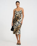 Express Women's Satin Cowl Neck Strappy Low Back Midi Slip Dress in Leopard