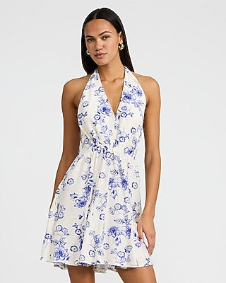 Express Women's Printed Tie Halter Sleeveless Mini Fit And Flare Dress in White Small