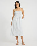 Express Women's Striped Elastic Waist Sleeveless Midi Dress With Pockets in Blue Small