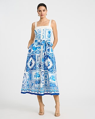 Express Women's Printed Square Neck Tie Waist Midi Dress With Pockets in Navy Blue