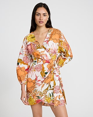 Express Women's Floral Linen-Blend V-Neck Long Sleeve Tie Wrap Mini Dress in Multi