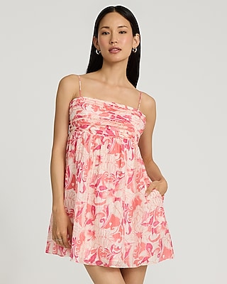 Express Women's Floral Textured Square Neck Sleeveless Mini Fit And Flare Dress With Pockets in Pink Print