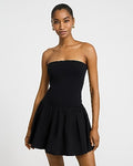 Express Women's Mixed Media Strapless Drop Waist Bubble Hem Mini Dress With Pockets in Pitch Black