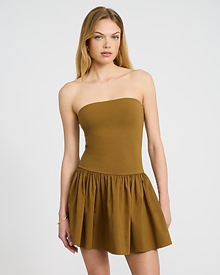 Express Women's Mixed Media Strapless Drop Waist Bubble Hem Mini Dress With Pockets in Brown Small