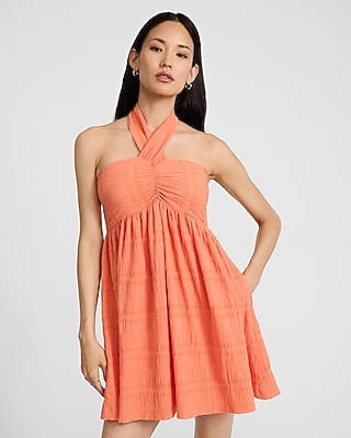 Express Women's Crinkle Striped Tie Halter Mini Dress in Sunkissed Orange