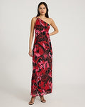 Express Women's Chiffon Printed Tie One Shoulder Maxi Dress in Black Print