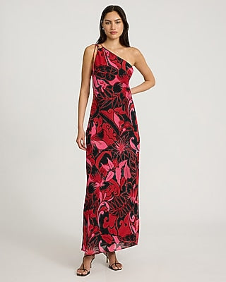 Express Women's Chiffon Printed Tie One Shoulder Maxi Dress in Black Print