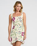 Express Women's Summer-Blend Linen Floral Wrap Tie Smocked Back Mini Dress in Neutral Print