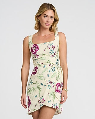 Express Women's Summer-Blend Linen Floral Wrap Tie Smocked Back Mini Dress in Neutral Print