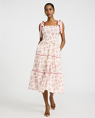 Express Women's Printed Smocked Tie Strap Tiered Ruffle Midi Dress With Pockets in Maroon Stripe