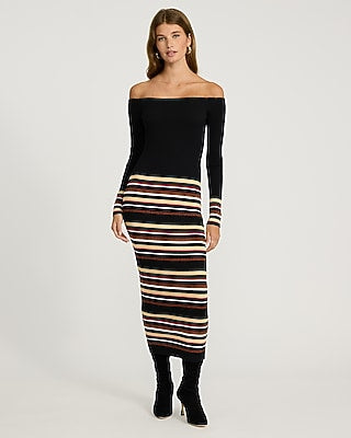 Express Women's Striped Off The Shoulder Long Sleeve Maxi Sweater Dress Small