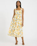 Express Women's Cotton Floral Eyelet Square Neck Midi Fit And Flare Dress in Yellow Small
