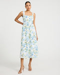 Express Women's Cotton Floral Eyelet Square Neck Midi Fit And Flare Dress in Blue Small