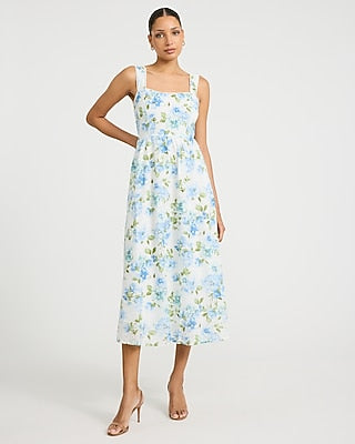 Express Women's Cotton Floral Eyelet Square Neck Midi Fit And Flare Dress in Navy Blue