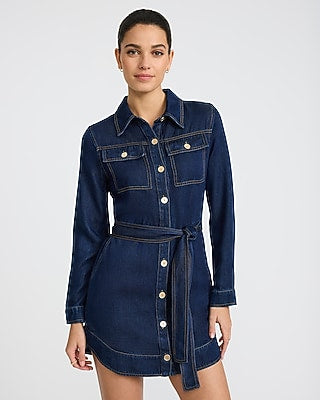 Express Women's Denim Long Sleeve Button Front Tie Waist Mini Dress in Indigo