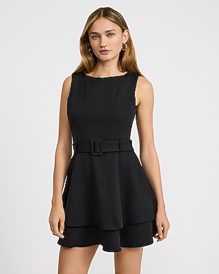 Express Women's Crepe Crew Neck Seamed Belted Tiered Mini Dress Small