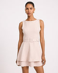 Express Women's Crepe Crew Neck Seamed Belted Tiered Mini Dress in Mocha