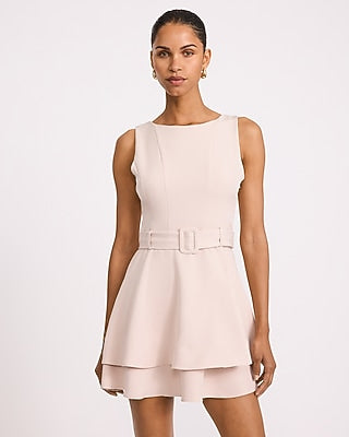 Express Women's Crepe Crew Neck Seamed Belted Tiered Mini Dress in Mocha