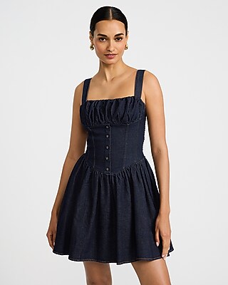 Express Women's Denim Square Neck Corset Button Front Smocked Back Mini Dress in Dark Wash