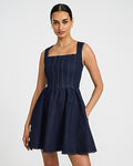 Express Women's Denim Square Neck Sleeveless Mini Fit And Flare Dress With Pockets in Dark Wash