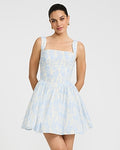 Express Women's Floral Square Neck Dipped Waist Smocked Back Mini Dress in White Small