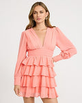 Express Women's Chiffon V-Neck Long Sleeve Tiered Ruffle Mini Dress in Pink Small