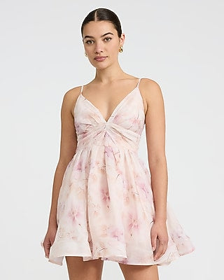 Express Women's Floral V-Neck Sleeveless Smocked Back Mini Dress in Pink Print