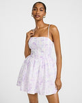 Express Women's Floral Square Neck Lace Smocked Back Mini Fit And Flare Dress in Purple Small