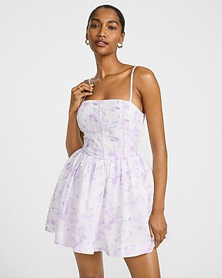 Express Women's Floral Square Neck Lace Smocked Back Mini Fit And Flare Dress in Purple Small