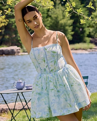 Express Women's Floral Square Neck Lace Smocked Back Mini Fit And Flare Dress in Blue Print