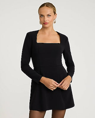 Express Women's Square Neck Long Sleeve Fit And Flare Mini Dress With Pockets in Pitch Black
