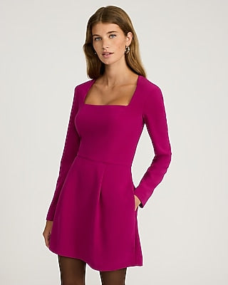 Express Women's Square Neck Long Sleeve Fit And Flare Mini Dress With Pockets in Purple Small