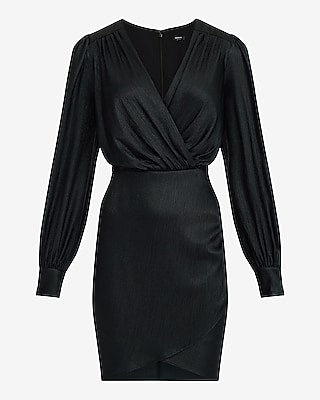 Express Women's Metallic V-Neck Long Sleeve Wrap Mini Dress in Black Small